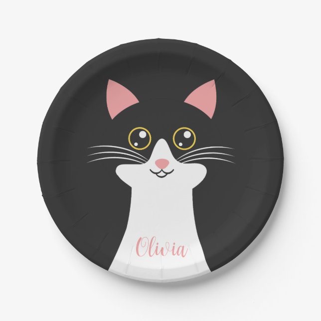 Cute Mid Century black cat portrait Paper Plates (Front)
