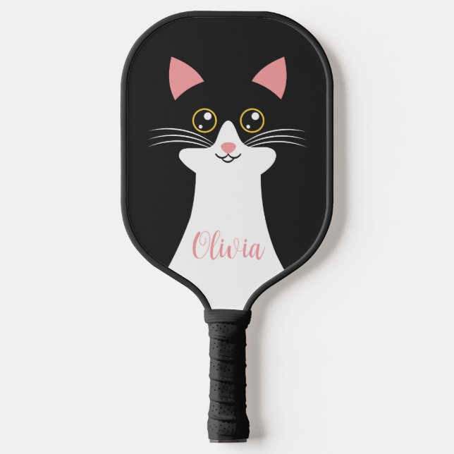 Cute Mid Century black cat portrait Pickleball Paddle (Front)