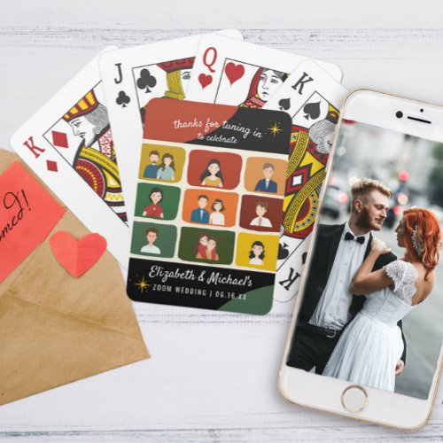 Cute Mid Century Style Virtual Video Wedding Favor Playing Cards