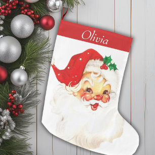Cute Mid Century Vintage Santa Personalized Large Christmas Stocking