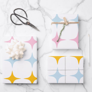 Cute Mid Mod Stars Pattern Minimalist Pink Yellow Wrapping Paper Sheets