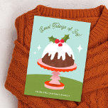 Cute Midcentury Retro Plum Pudding Cake Christmas Holiday Card<br><div class="desc">This cute,  colorful Christmas card features a hand drawn plum pudding illustration on a Christmas tree cake stand and textured tablecloth. Stylish typography reads,  "Sweet Tidings of Joy!"</div>