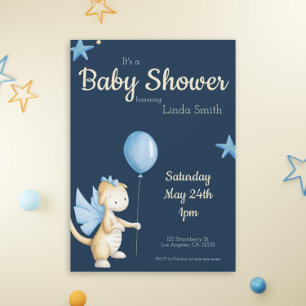 Cute Midnight Blue Dragon Baby Shower Invitation