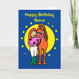 Cute Midnight Blue Horse and Girl Cartoon Birthday Card