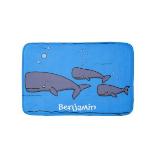 Cute migrating cartoon whales illustration bath mat