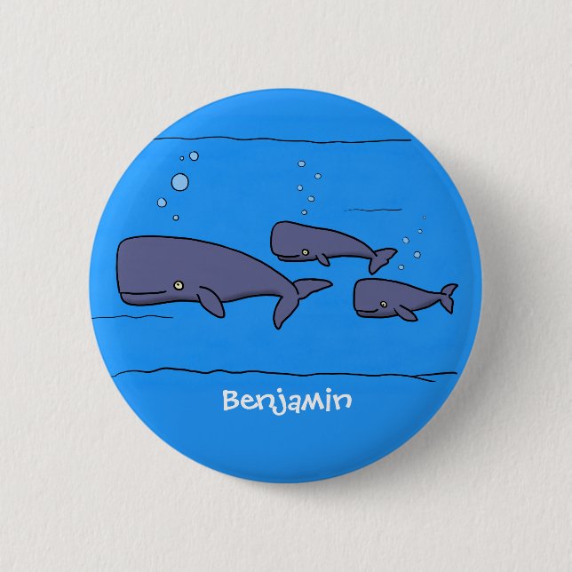Cute migrating cartoon whales illustration button (Front)