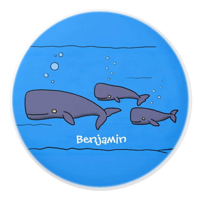 Cute migrating cartoon whales illustration ceramic knob (Front)