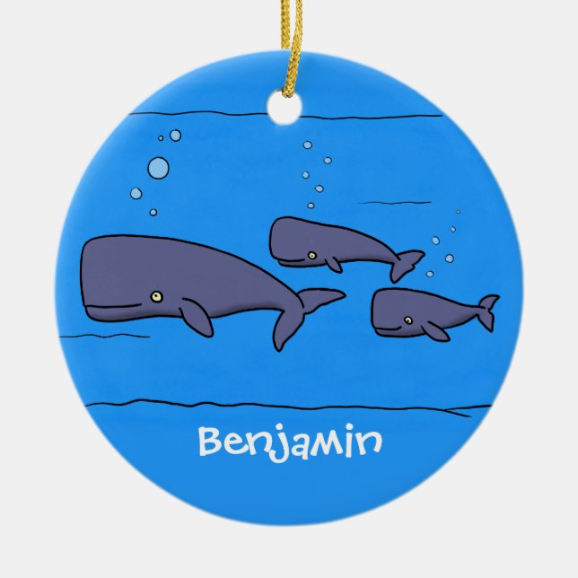 Cute migrating cartoon whales illustration ceramic ornament (Front)