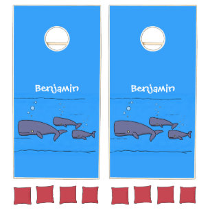 Cute migrating cartoon whales illustration cornhole set
