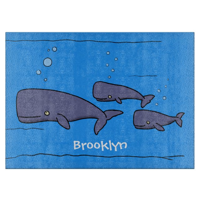 Cute migrating cartoon whales illustration cutting board (Front)