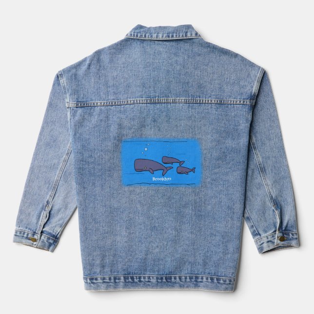 Cute migrating cartoon whales illustration denim jacket (Back)