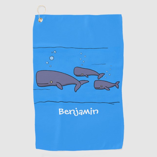 Cute migrating cartoon whales illustration  golf towel (Front)