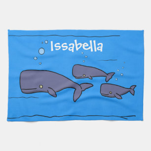 Cute migrating cartoon whales illustration kitchen towel