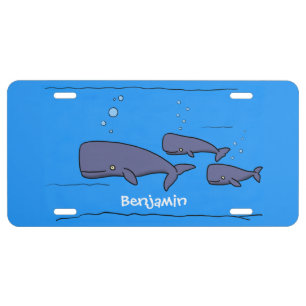 Cute migrating cartoon whales illustration  license plate