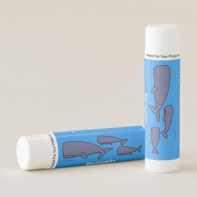 Cute migrating cartoon whales illustration lip balm (Front)