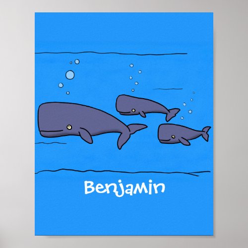 Cute migrating cartoon whales illustration poster