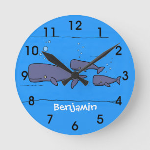 Cute migrating cartoon whales illustration round clock