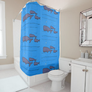 Cute migrating cartoon whales illustration shower curtain