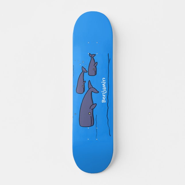 Cute migrating cartoon whales illustration skateboard (Front)