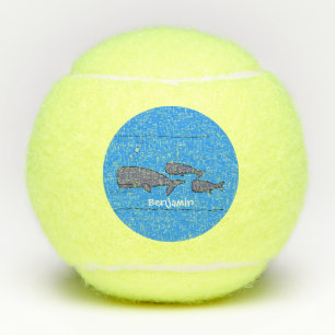 Cute migrating cartoon whales illustration tennis balls