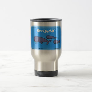 Cute migrating cartoon whales illustration travel mug