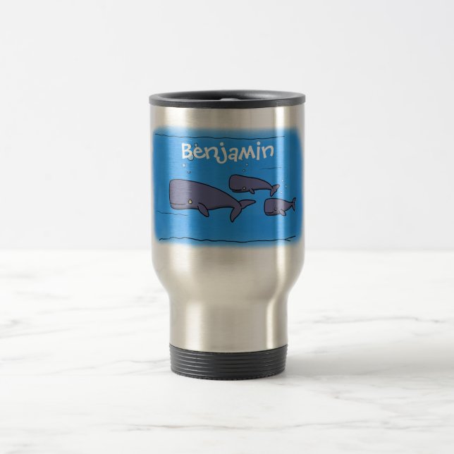 Cute migrating cartoon whales illustration travel mug (Center)