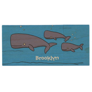 Cute migrating cartoon whales illustration wood flash drive