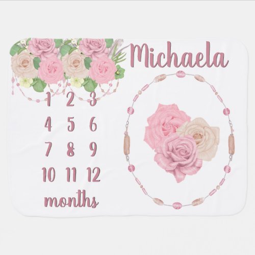 Cute Milestone Floral Rose Girl Name Month Growth Baby Blanket