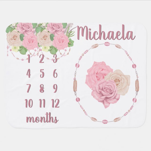 Cute Milestone Floral Rose Girl Name Month Growth Baby Blanket (Horizontal)