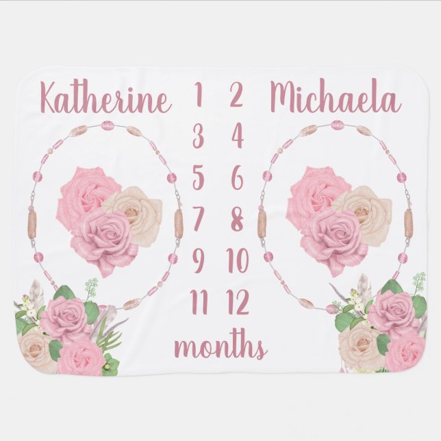 Cute Milestone Floral Rose Twin Girls Name Month Baby Blanket (Horizontal)