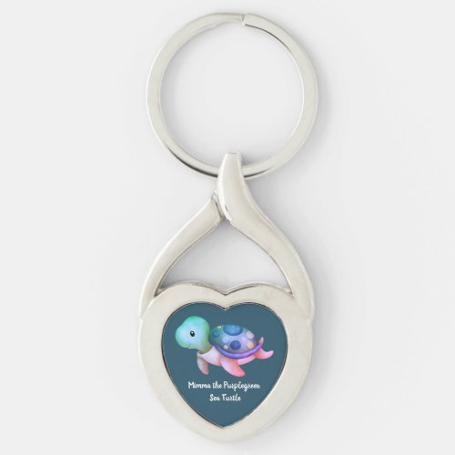 Cute Mimma The Purple Green Sea Turtle Heart  Keychain