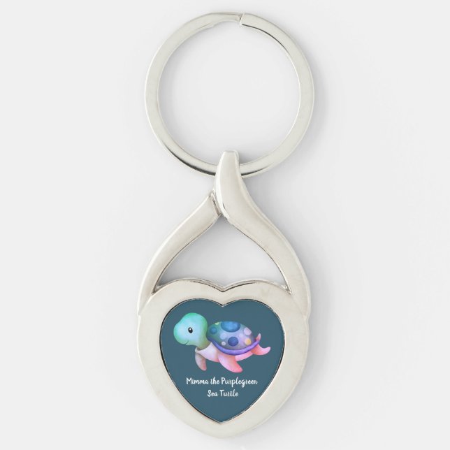 Cute Mimma The Purple Green Sea Turtle Heart  Keychain (Front)