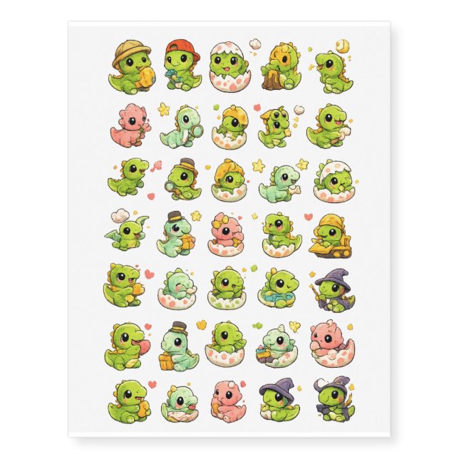 Cute Mini Dinosaur Temporary Tattoo Sheet (Front)