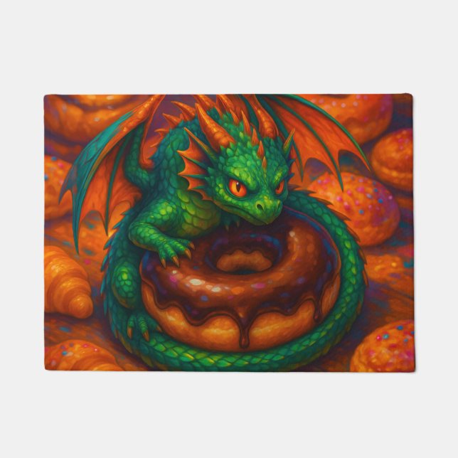 Cute Mini Green Dragon & Donut Fantasy Art Doormat (Front)