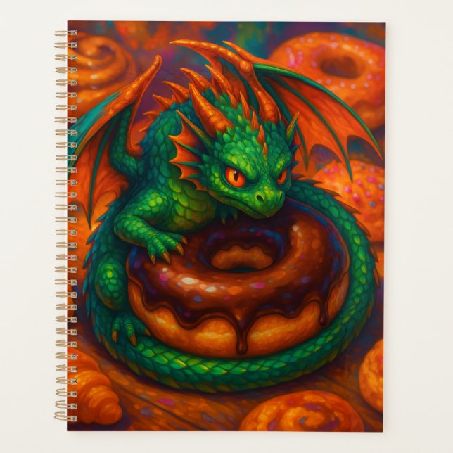 Cute Mini Green Dragon & Donut Fantasy Art Planner (Front)