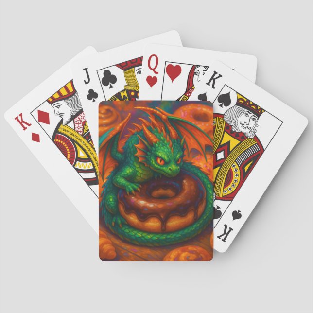 Cute Mini Green Dragon & Donut Fantasy Art Poker Cards (Back)