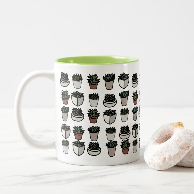 Cute mini succulent pattern Two-Tone coffee mug (With Donut)