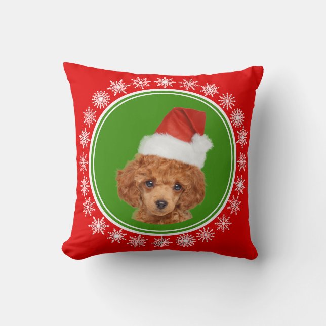 Cute Miniature Poodle Christmas Santa Hat Dog Throw Pillow (Front)