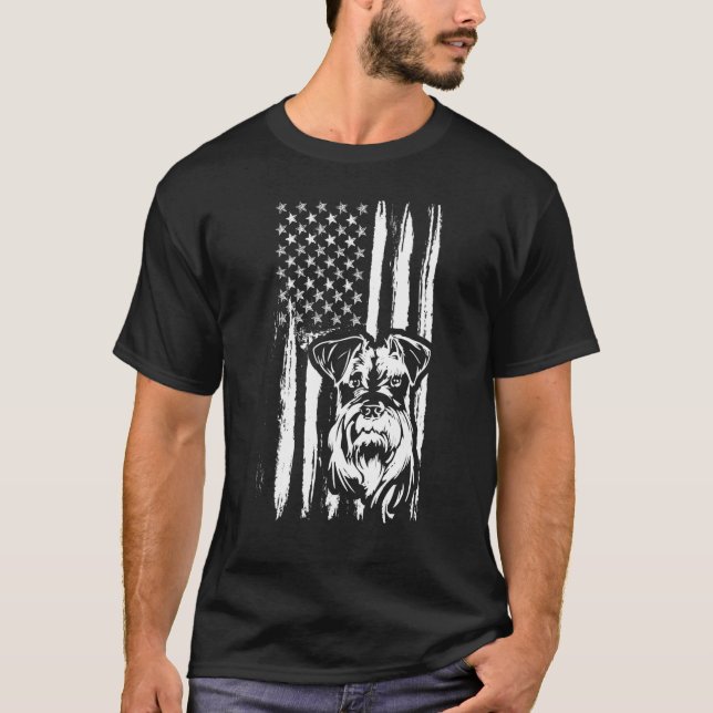 Cute Miniature Schnauzer Dog American Flag USA Pup T-Shirt (Front)