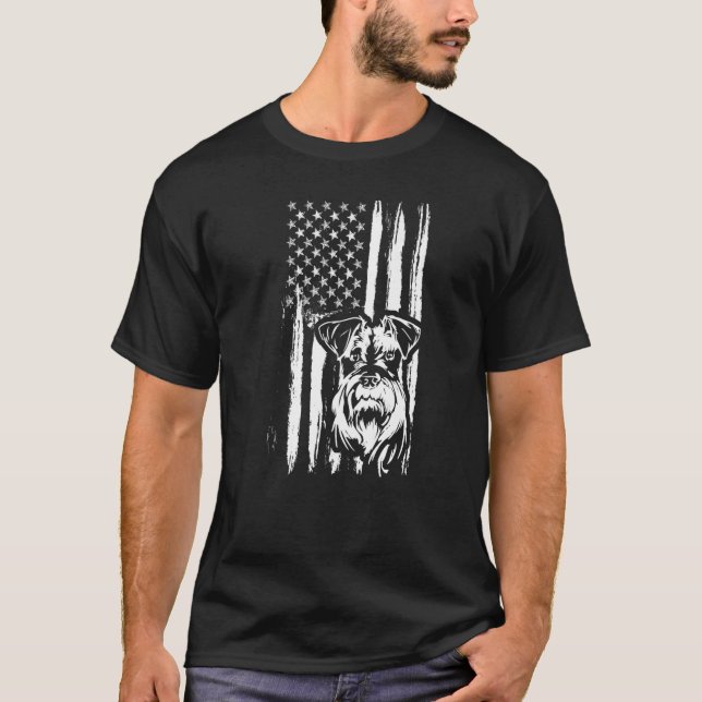 Cute Miniature Schnauzer Dog American Flag USA Pup T-Shirt (Front)