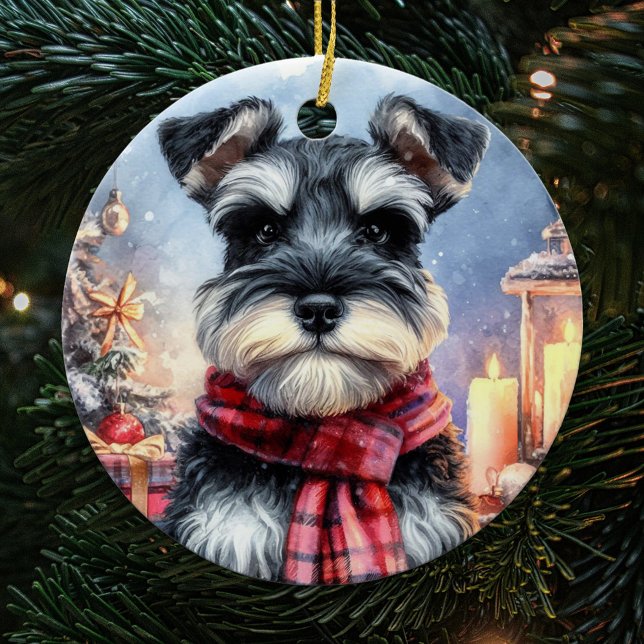 Cute Miniature Schnauzer Dog Christmas Ceramic Ornament (Creator Uploaded)