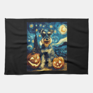 Cute Miniature Schnauzer Dog Halloween Jack O Lant Kitchen Towel
