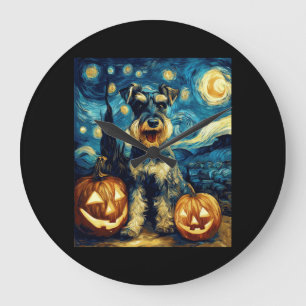 Cute Miniature Schnauzer Dog Halloween Jack O Lant Large Clock