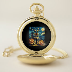Cute Miniature Schnauzer Dog Halloween Jack O Lant Pocket Watch