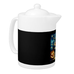 Cute Miniature Schnauzer Dog Halloween Jack O Lant Teapot