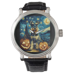 Cute Miniature Schnauzer Dog Halloween Jack O Lant Watch