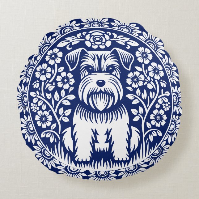 Cute Miniature Schnauzer in a Flower Garden Round Pillow (Front)