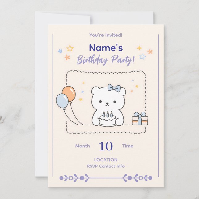 Cute Minimal Animal Birthday Party Invitation (Front)