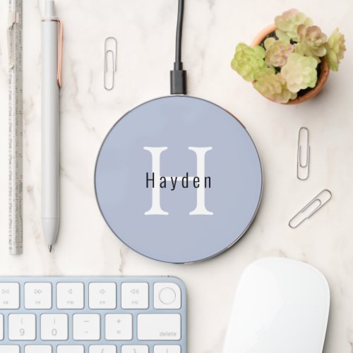 Cute Minimal Blue Monogram Name  Initial Wireless Charger