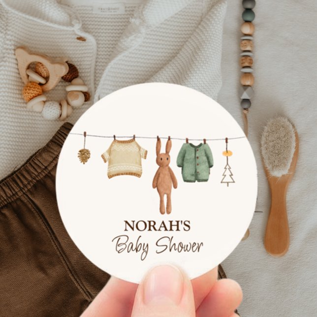 Cute Minimal Boho Winter Boy Clothes Baby Shower  Classic Round Sticker (Cute Minimal Boho Winter Boy Clothes Baby Shower Classic Round Sticker)